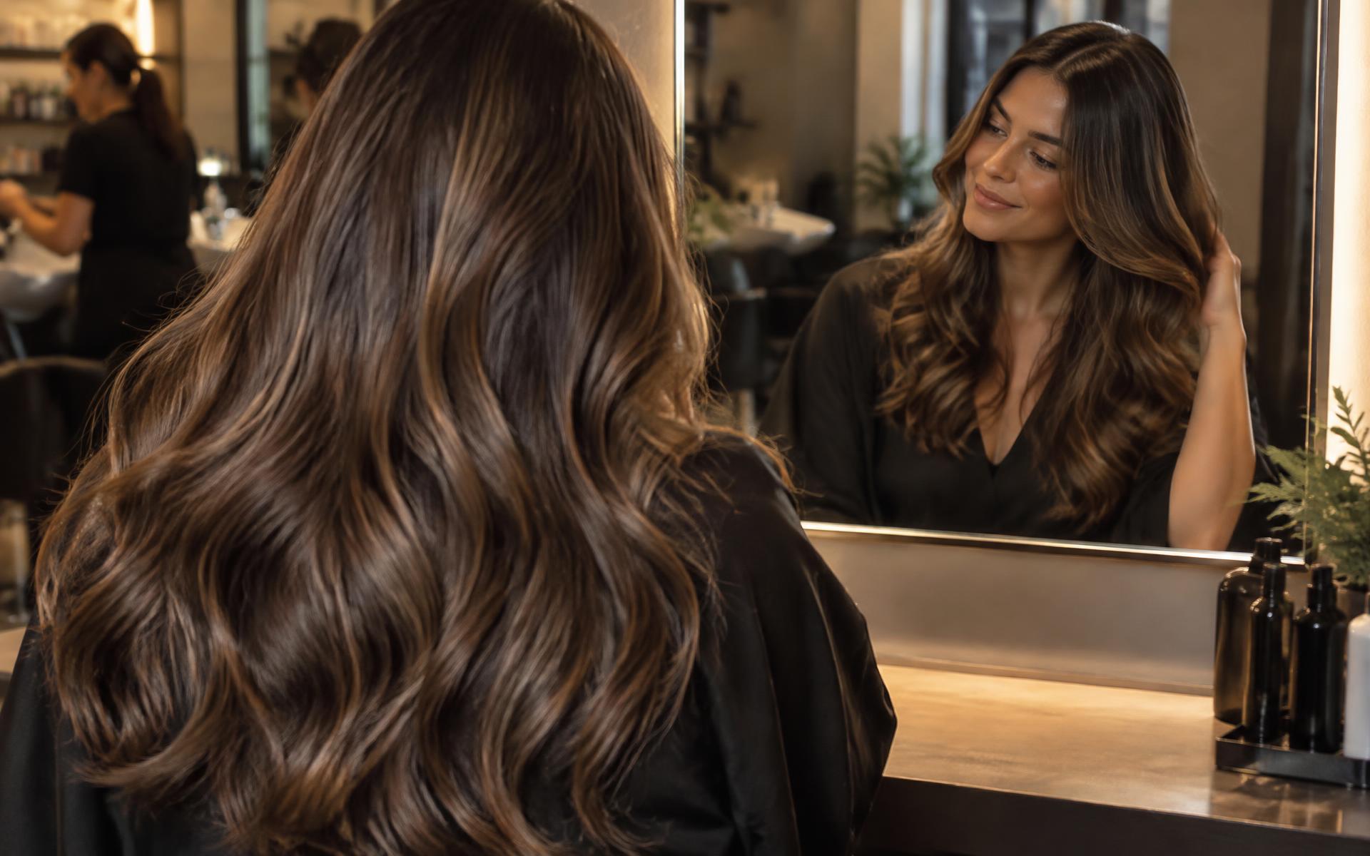 Cliente admirando o resultado do cabelo no espelho